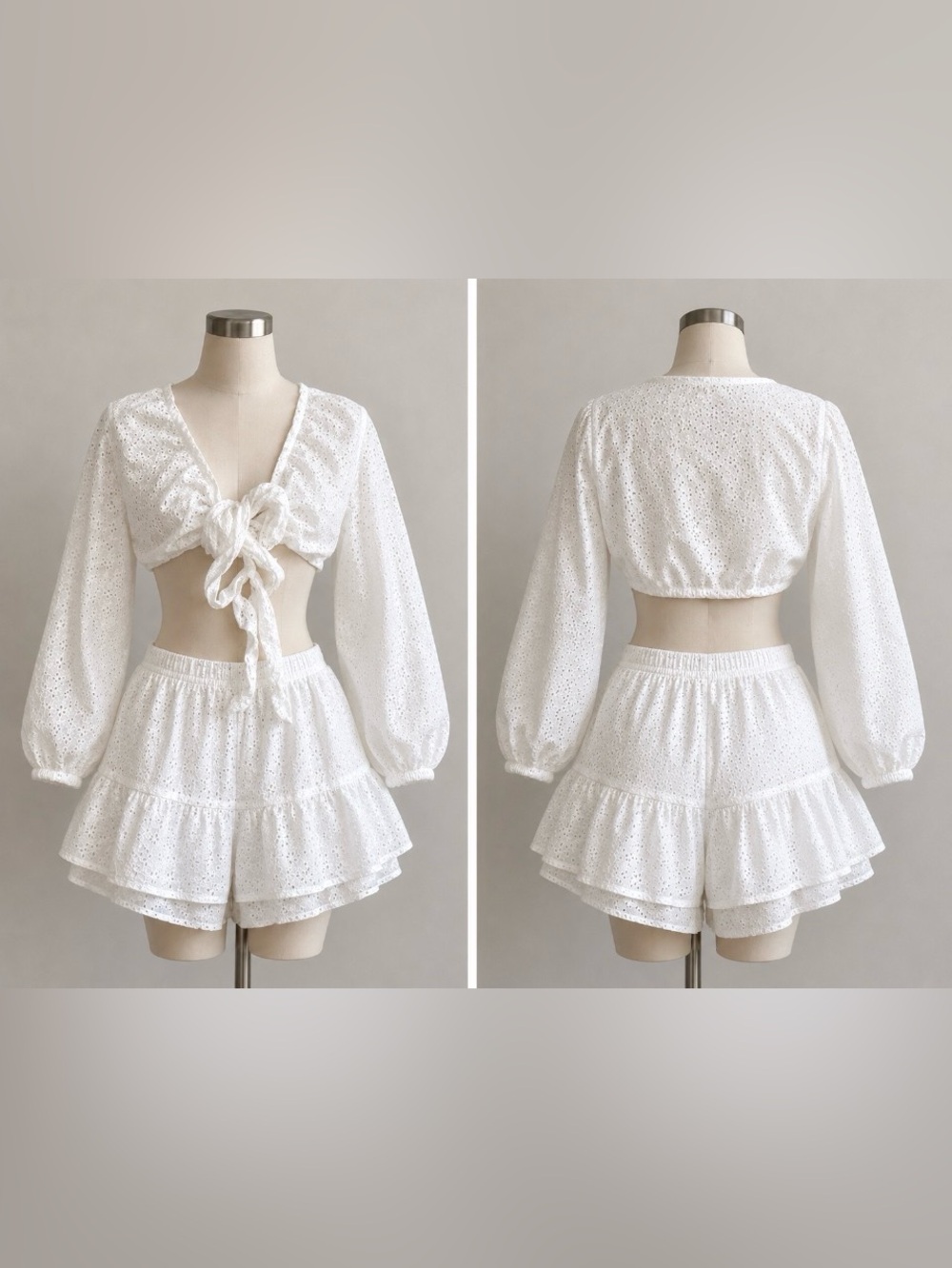 White Eyelet Tie-Front Crop Top & Ruffle Shorts Set